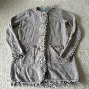 J. McLaughlin Knit Cardigan Sweater Women's M Beige Buttons Frayed Fringe FLAWS